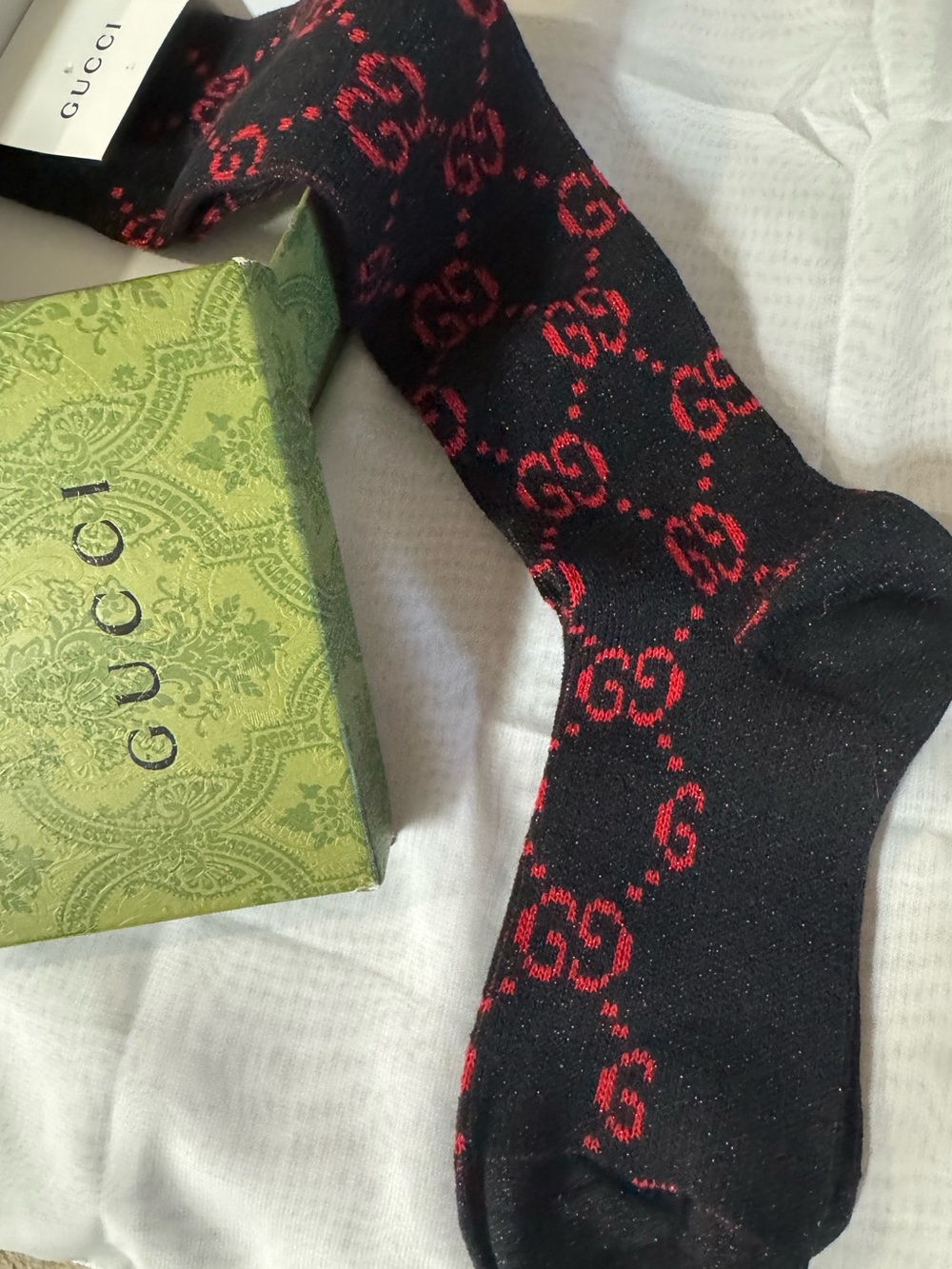 Black long Socks w/Red GG iconic logo print. New in Damask Gucci Box - See Notes - Picture 4 of 9